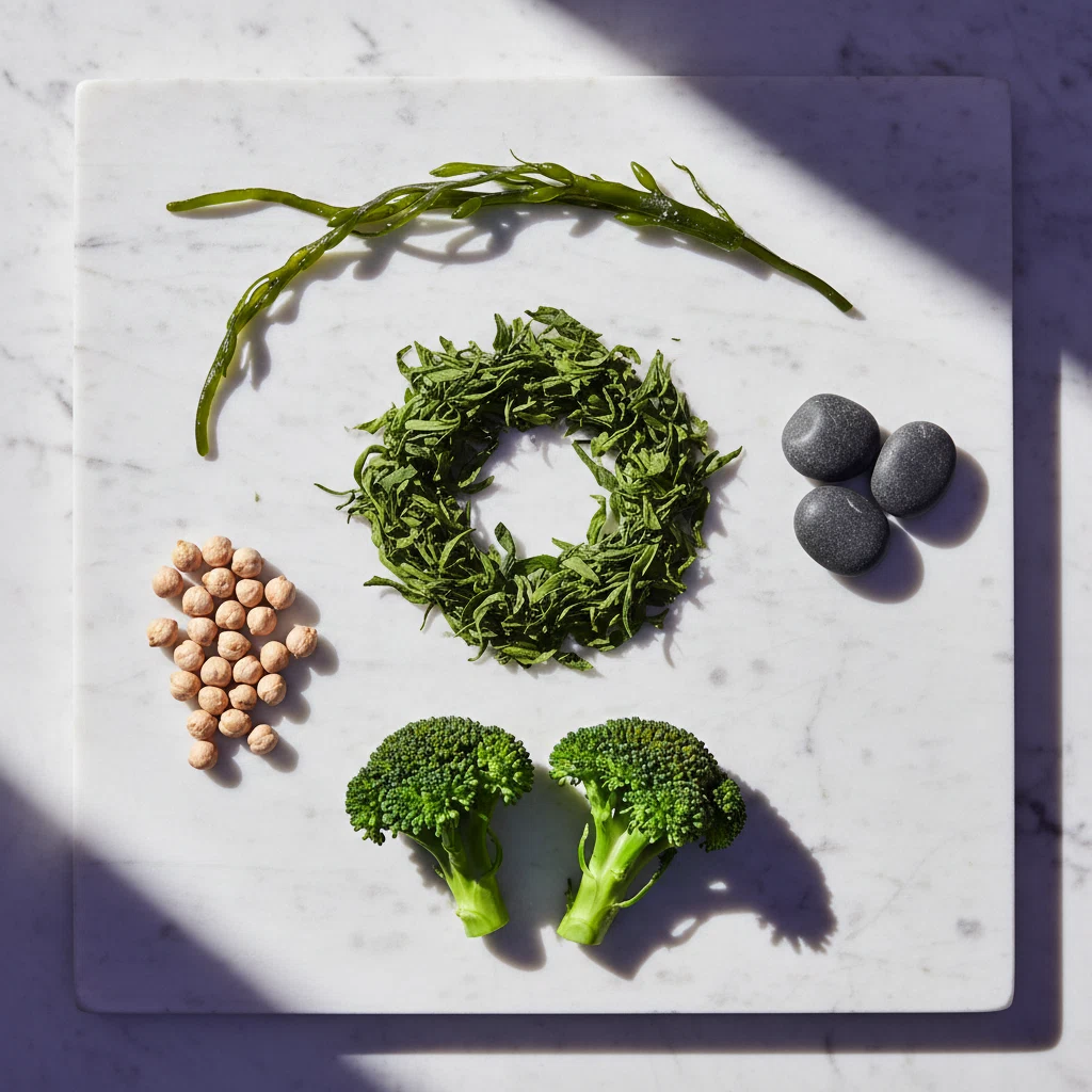 Ingredienser i Ozalyn: grönt te, zink, krom, vitamin B6, jod - platt lay på marmor